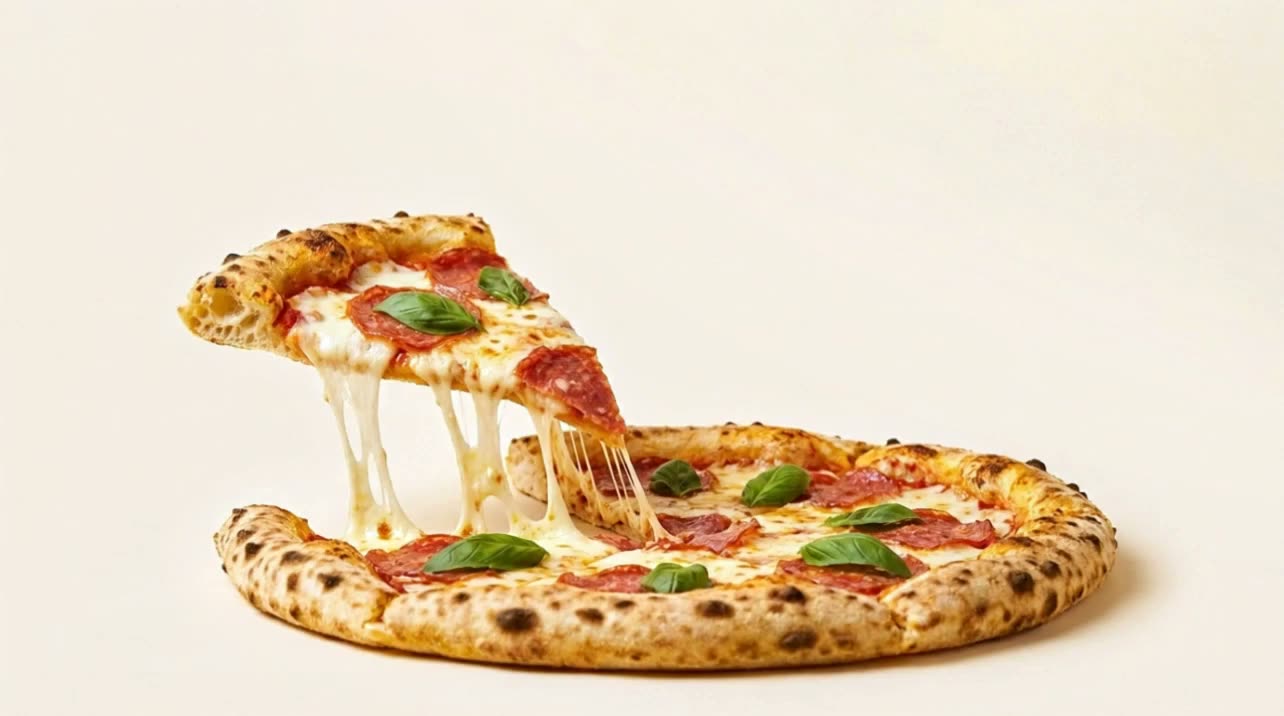 Frisch gebackene Pizza mit Salami und Basilikum, aus der ein Stück mit langen Käsefäden herausgezogen wird